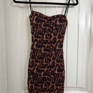 Windsor Brown and Black Leopard Strapless Sequin Dress